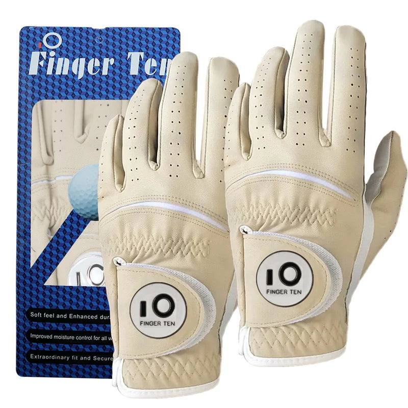 2 Pcs Soft PU Leather Men’s Golf Gloves – Cabretta-Feel, All-Weather Grip with Ball Marker |