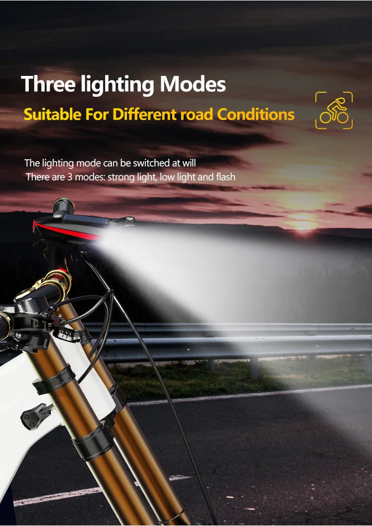 Solar Bike Light with Horn – LED Headlamp & Bell for Bikes