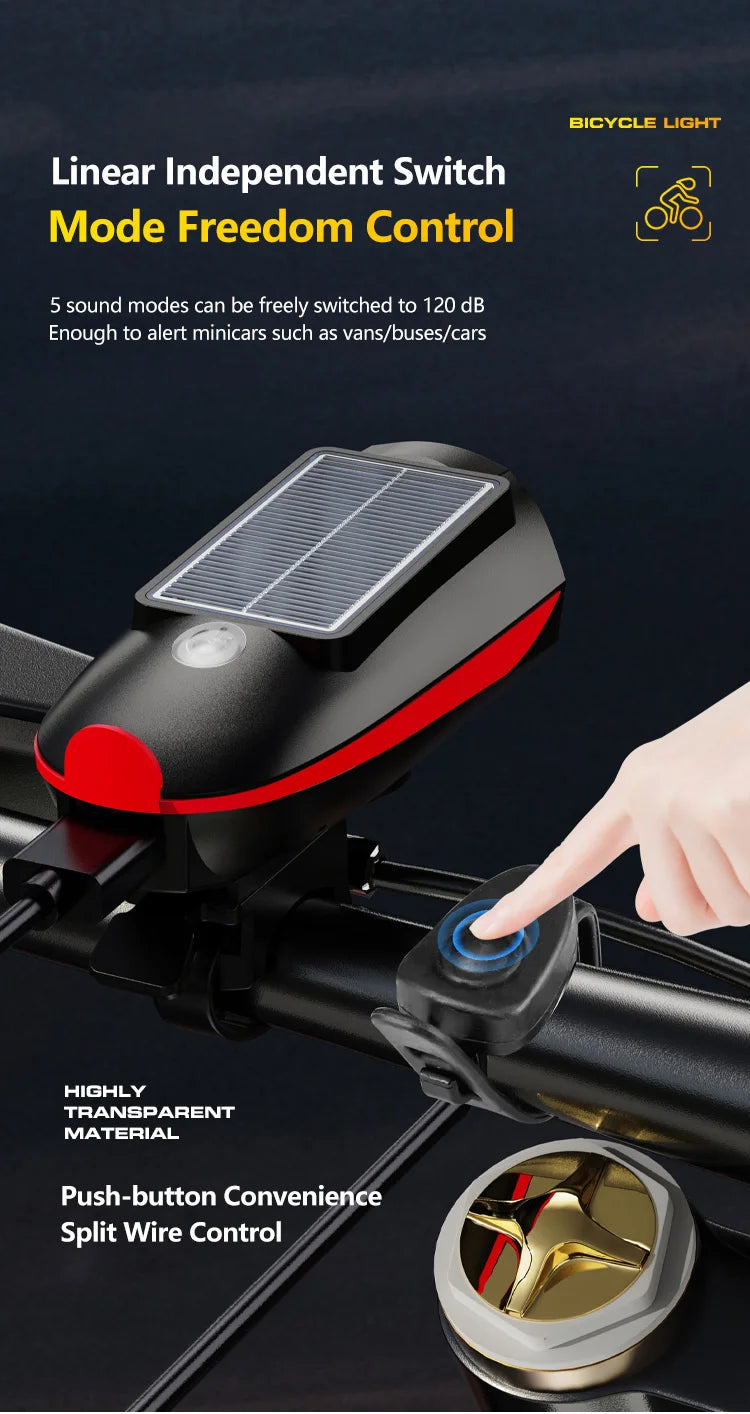 Solar Bike Light with Horn – LED Headlamp & Bell for Bikes