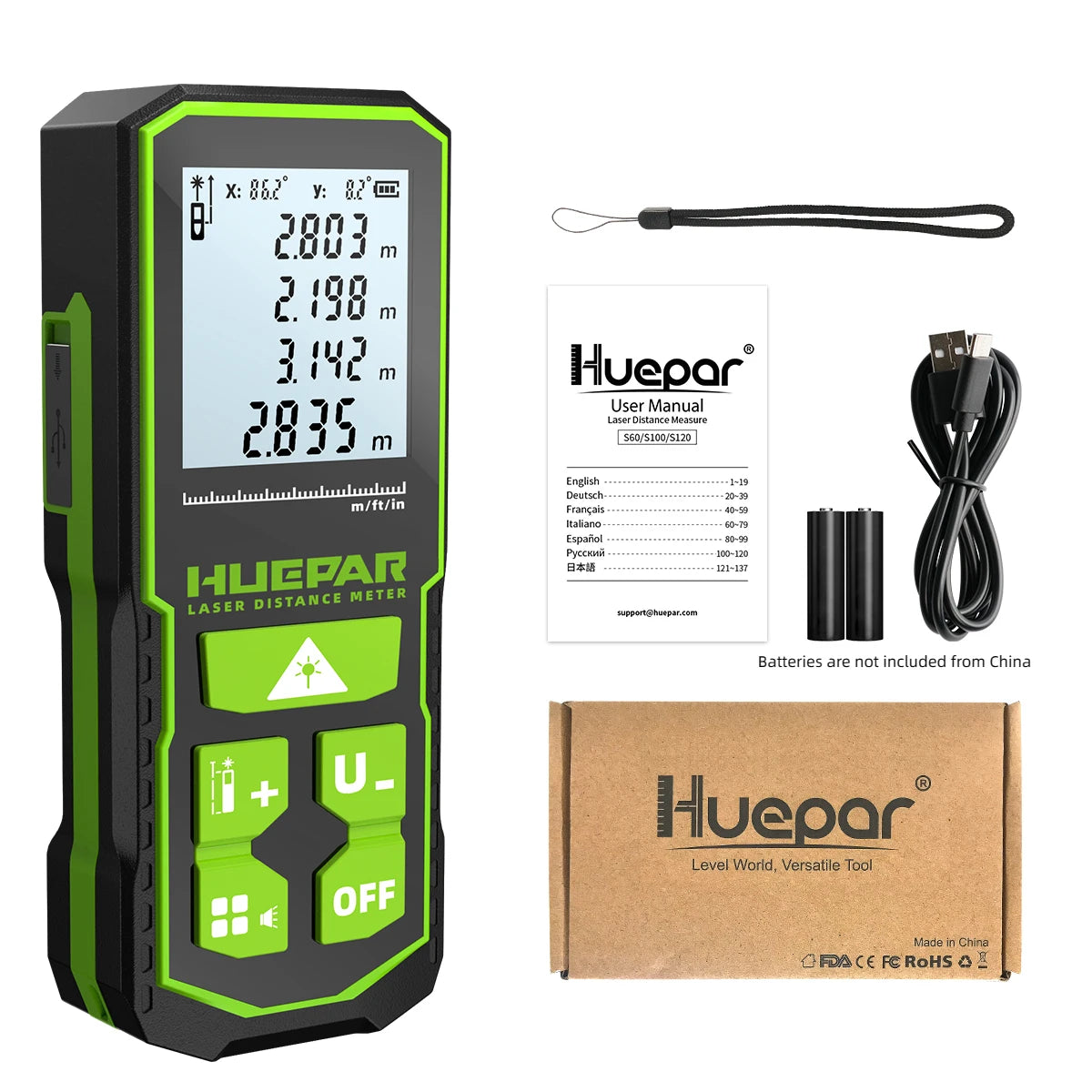 Huepar Digital Laser Distance Meter – Green Beam Rangefinder | 60M / 100M / 120M Laser Tape Measure
