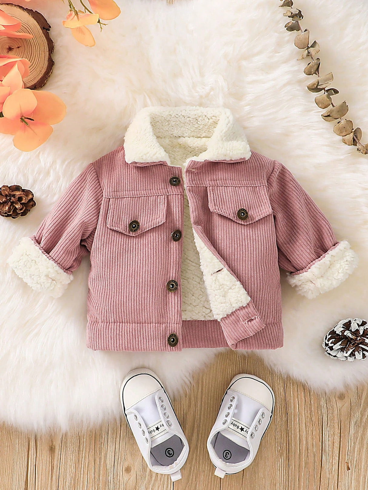 Baby Girl Flap Detail Thermal Lined Corduroy Jacket