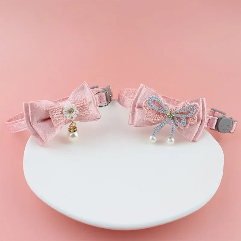 Pet Collar Pink Lace Bow Cat Choker Bell