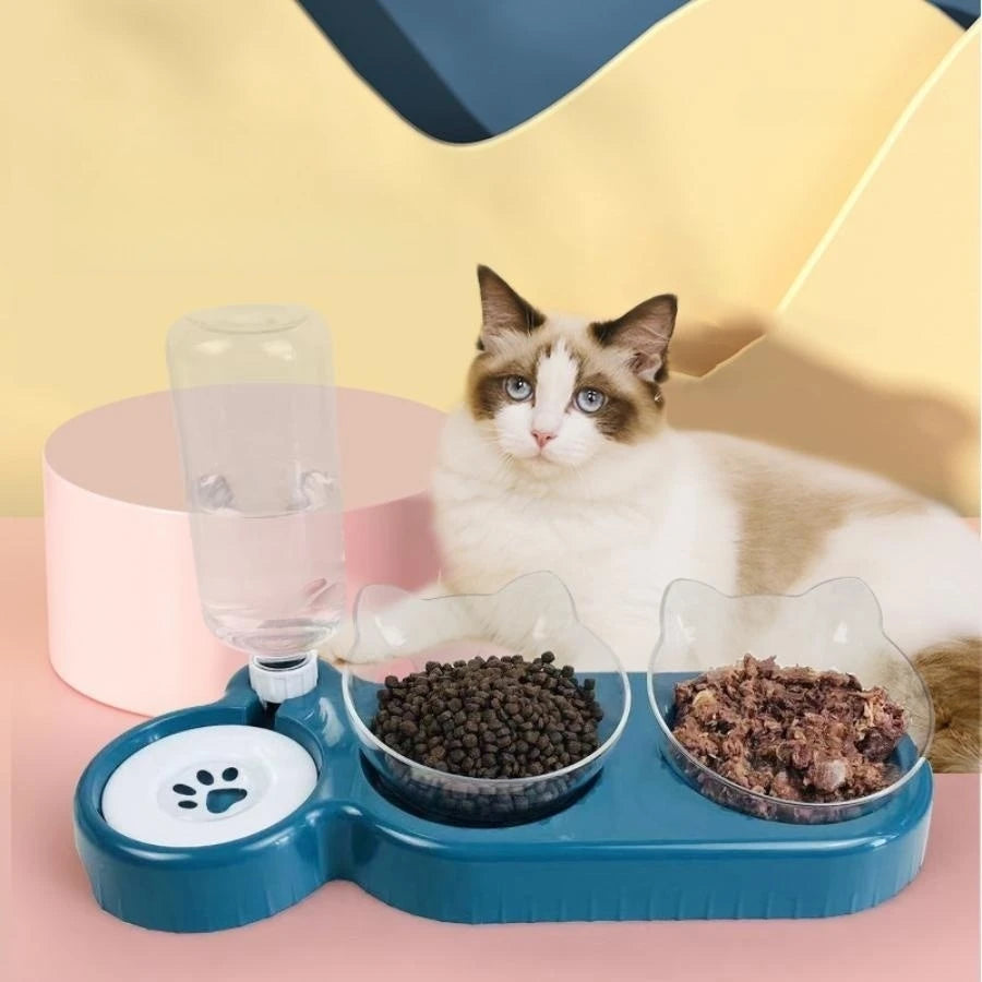 Cat Food Bowl Automatic Feeder 2 in 1 Eating Drinking Water