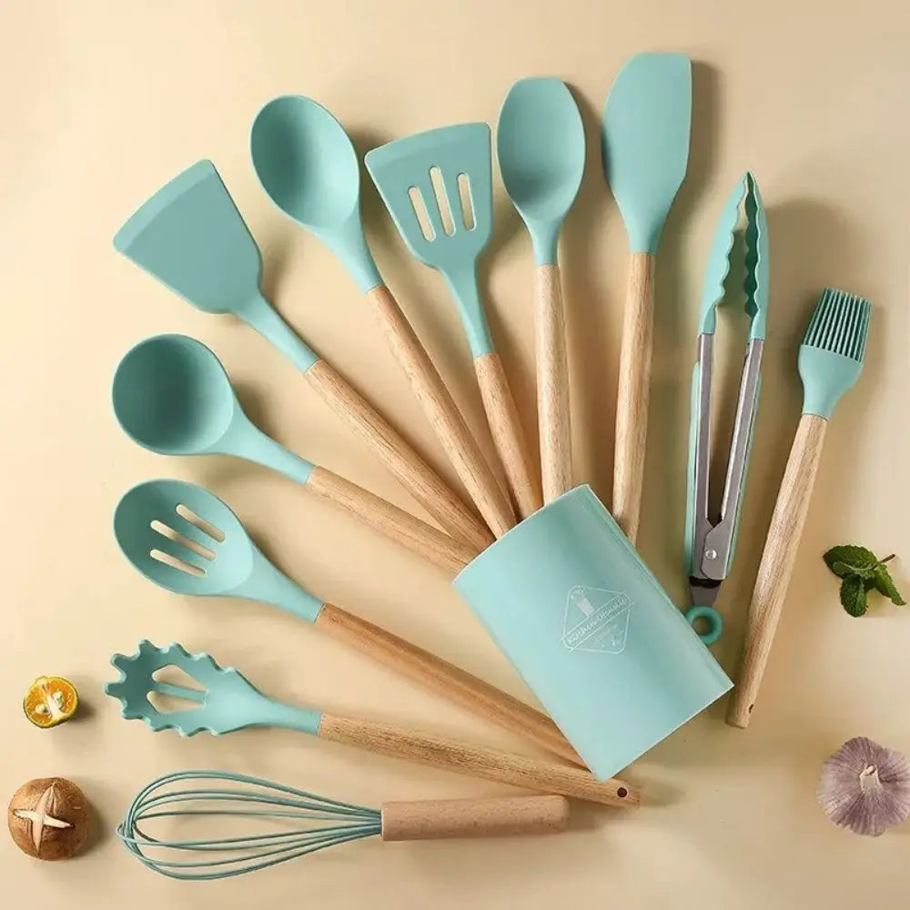 Silicone Kitchenware Set with Wooden Handle