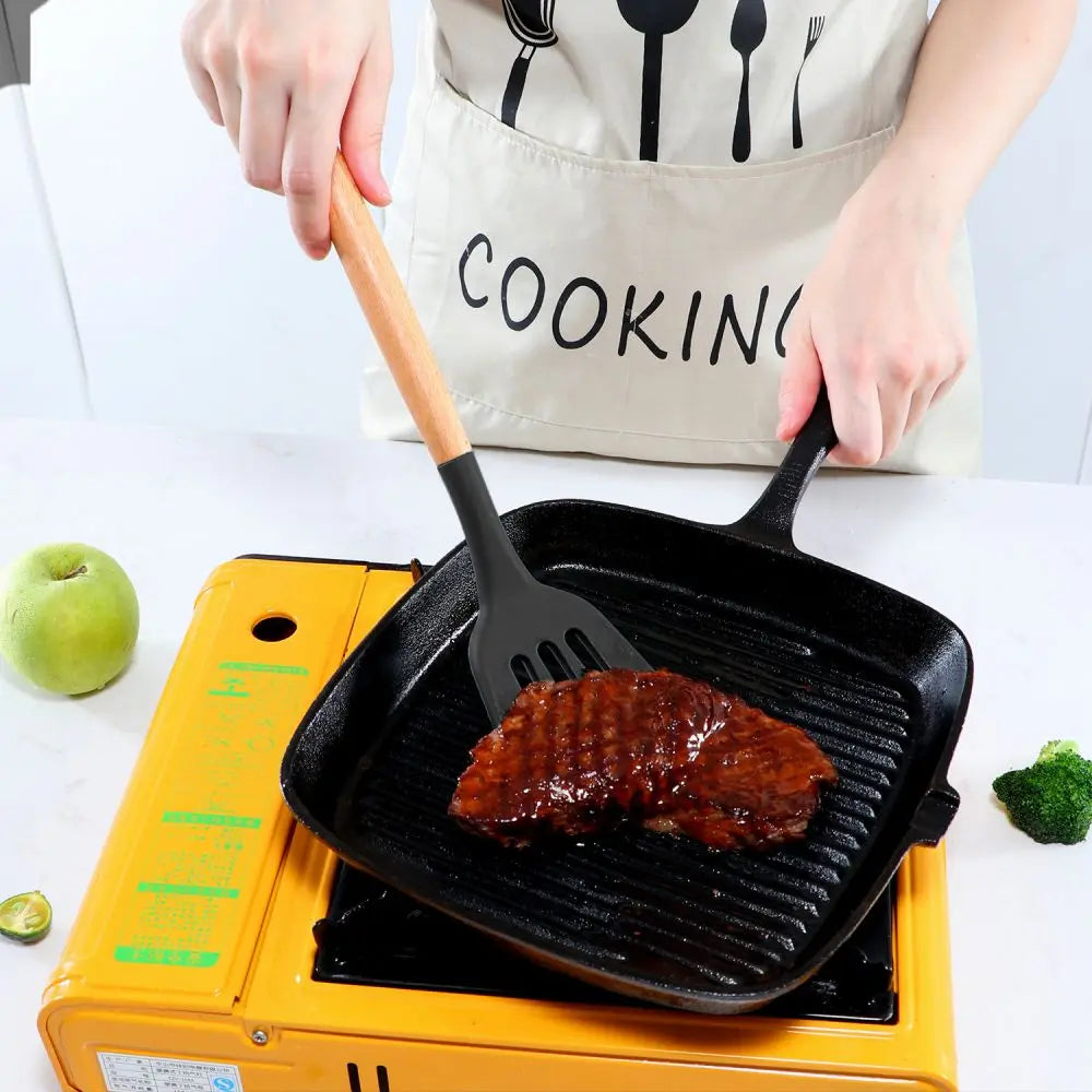 Silicone Kitchenware Set with Wooden Handle